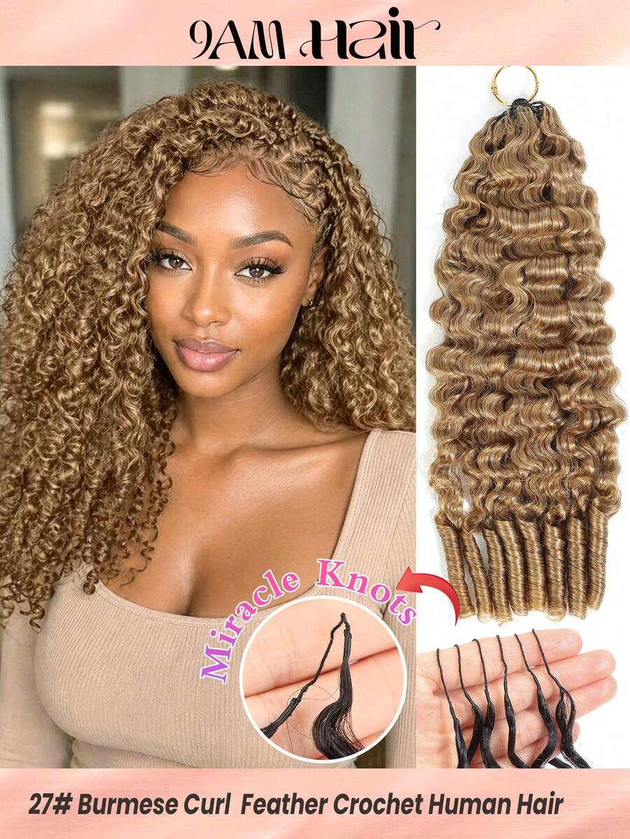 Boho Braids Miracle Knots Crochet Human Hair In 100% Remy Burmese Curl Feather Line Crochet Hair Braids Salon Silky Seamless Invisible Solid Color 27# Honey Blonde Feather Crochet Human Hair Braiding For Women Micro Pre Looped Burmese Curly Extensions - S27# - View 1