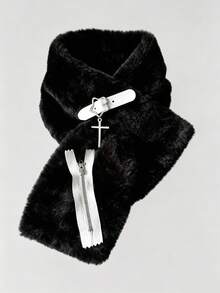 ROMWE Anime Black Imitation Plush Scarf, Belt Buckle, Cross Pendant, Zipper Decoration Y2K Gothic Subculture Winter Warm Scarf - Black - View 3