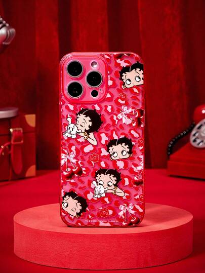 Betty Boop X Joivida 1pc Cartoon Pattern With Black Transparent Glitter Phone Case, Compatible With IPhone 13–17 Series