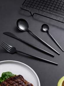 24pcs Stainless Steel Hotel Western Dining Cutlery Set With Knife, Fork, Spoon And Tea Spoon,Kitchen,Christmas Gift - Black - View 4