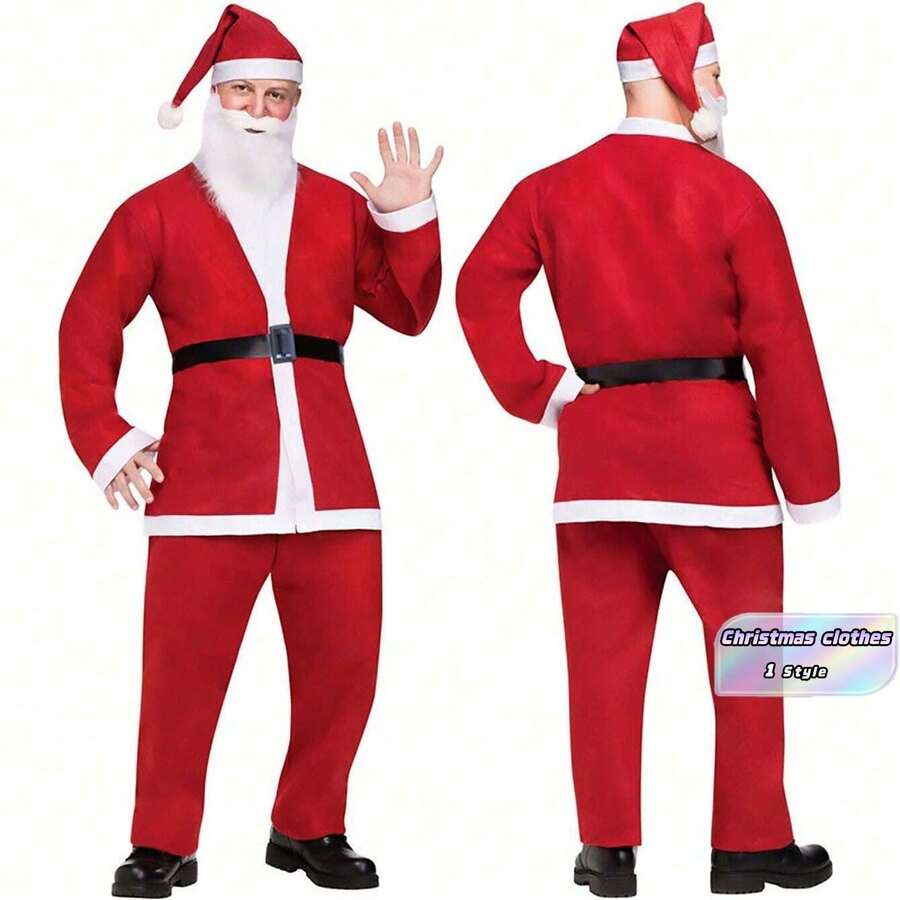 Setelan Santa Merah dari Kain Felt Ukuran Dewasa 5 Potong, Kostum Santa Sekali Pakai dari Kain Non-Woven untuk Dekorasi Natal, Pakaian Santa Pria, Cocok untuk Pesta Natal, Acara Lari, dan Lainnya. - Merah - View 1