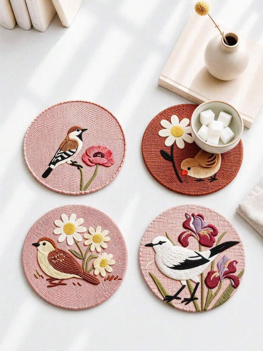 Haus Hana 4PCS/8PCS Anti-Scald Round Dining Pad, Wear-Resistant Imitation Woven Printed Fabric, Vintage Floral Bird Pattern Anti-Slip Isolation Coaster For Indoor Tea Table Kitchen Layout, Gift For Home Aesthetic Arrangement Enthusiasts Festival Gift - Multicolor - View 1