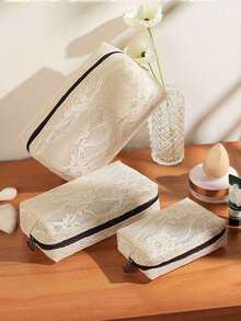 1/3pcs Lace Cosmetic Bag, Portable Large Capacity Travel Organizer Pouch - Multicolor - View 3