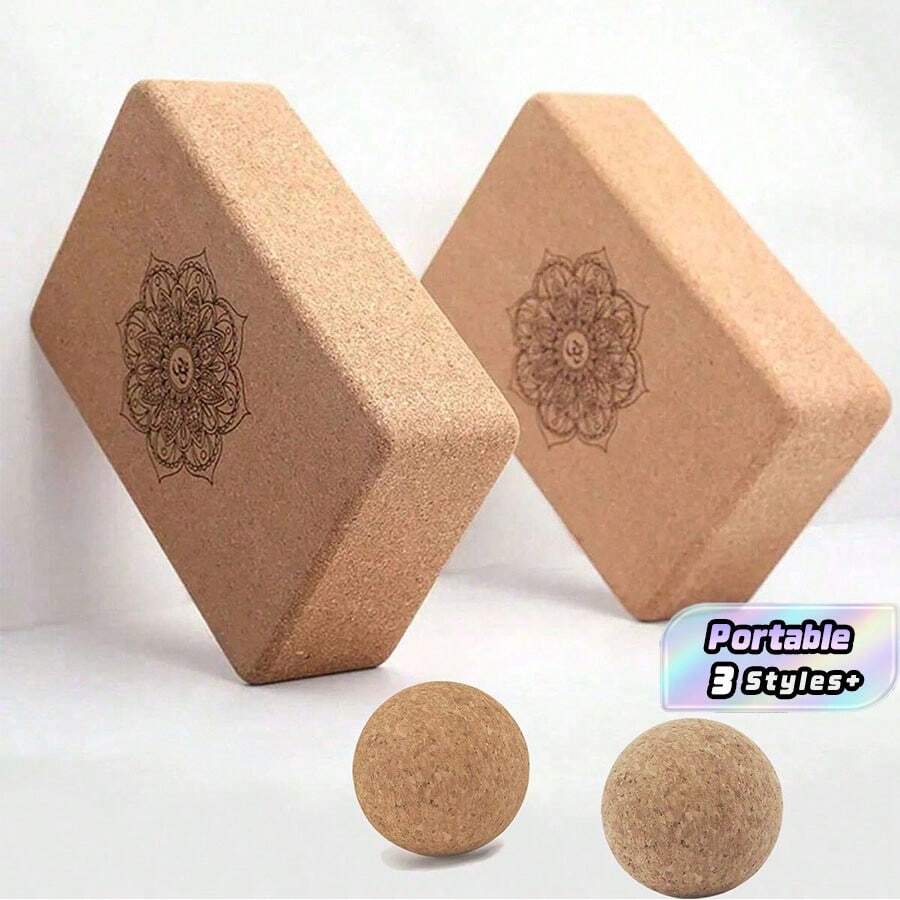 2pcs/1pc Natural Cork Yoga Block, Cork Massage Ball, High-Density Non-Slip Mandala Print Yoga Block, Sturdy Support Yoga Accessory, Suitable For Beginners, Pilates, Dance Stretching, Leg Splitting, Meditation And Home Fitness Training - Multicolor - View 1