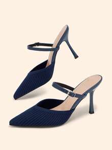 CUCCOO BASICS Women's Fashion Pointed V-Mouth Fabric Woven Striped Surface. Elastic Rear Strap Empty Shoes. Painted High Heels, Breathable And Comfortable. Suitable - Navy Blue - View 1