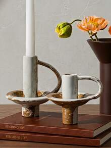 Cirelle 1pc Vintage Ceramic Candle Holder, Retro Handmade Tabletop Decor For Home, B&B, Living Room, Boho Farmhouse Centerpiece For Mantel, Shelf, Coffee Table - multicolor - View 1