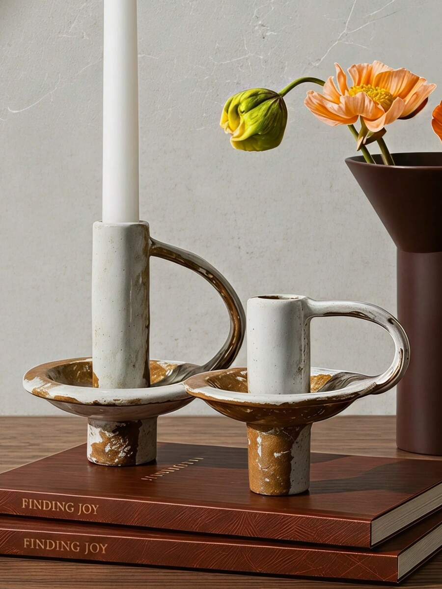 Cirelle 1pc Vintage Ceramic Candle Holder, Retro Handmade Tabletop Decor For Home, B&B, Living Room, Boho Farmhouse Centerpiece For Mantel, Shelf, Coffee Table - multicolor - View 1