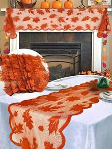 1 Buah Taplak Meja Runner Daun Maple Renda Oranye 13x72 Inci Dekorasi Musim Gugur Panen Thanksgiving Bahan Kain Poliester untuk Dapur Ruang Makan Gaya Farmhouse Pesta Rumah - beraneka warna - View 4
