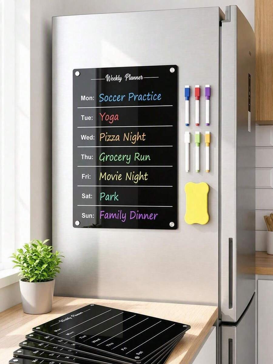 Haus Hana 1Pc Magnetic Weekly Calendar Writing Board, 2mm Thick Black Solid Acrylic With Printed Weekly Grid Pattern, Dry Wipe Reusable Surface For Schedule Recording, Magnetic Fridge Memo Plaque For Family Daily Arrangement And Kitchen Planning - multicolor - View 1