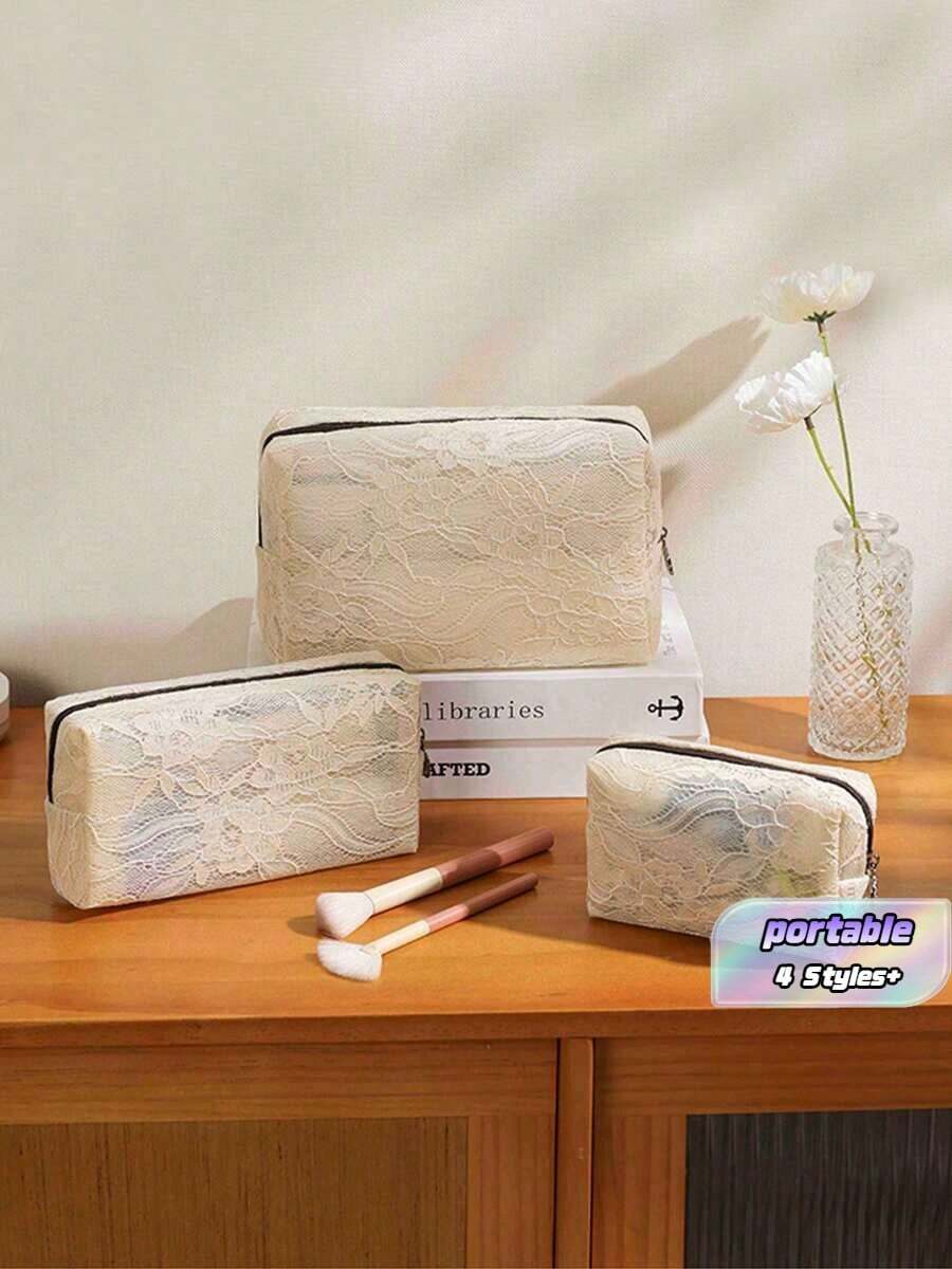 1/3pcs Lace Cosmetic Bag, Portable Large Capacity Travel Organizer Pouch - Multicolor - View 1