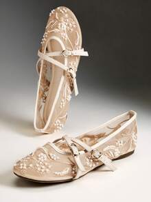VACAZURE Women's Elegant Embroidery Ballet Flats - Apricot - View 1