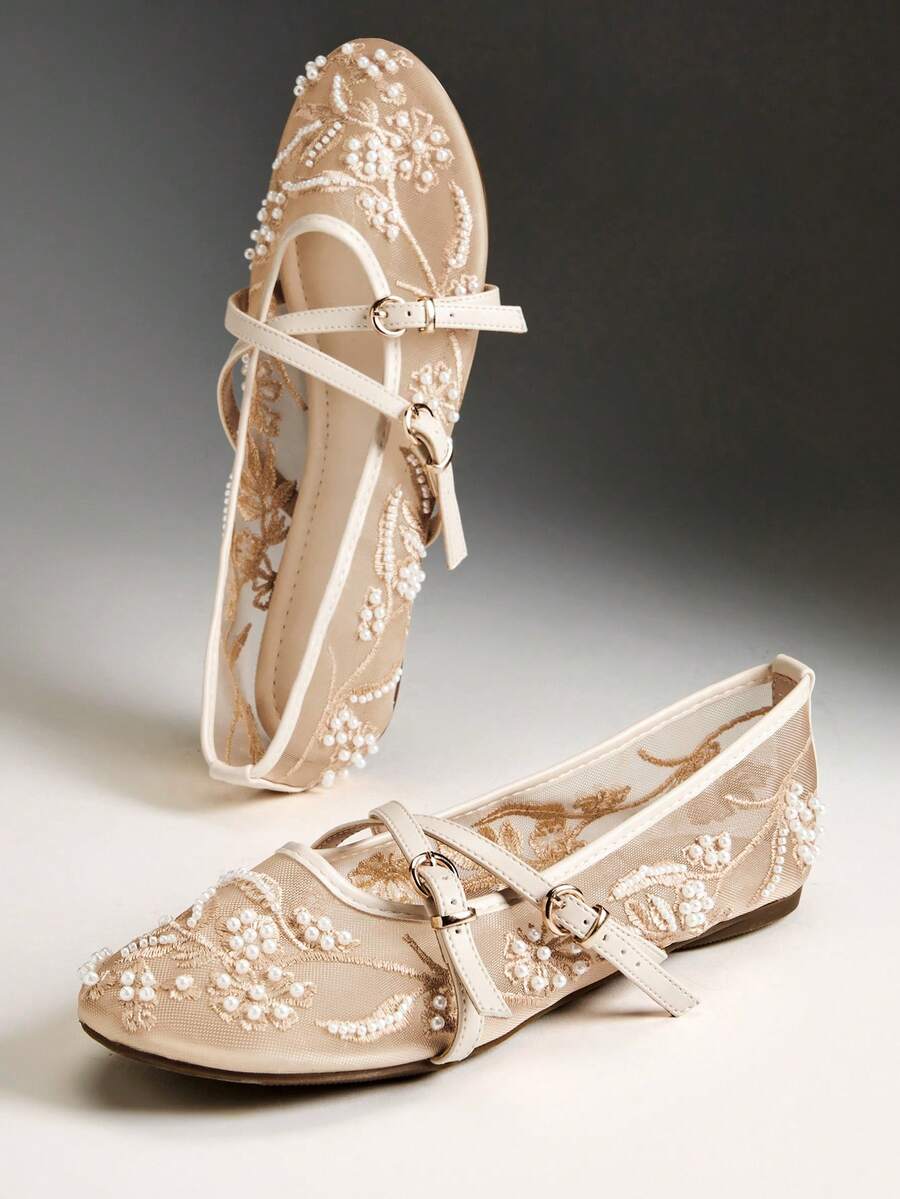 VACAZURE Women's Elegant Embroidery Ballet Flats - Apricot - View 1