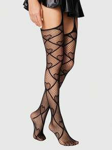 ROMWE 1Pair Dark Gothic Black Love Mesh Suspenders Fishnet Socks - Black - View 2
