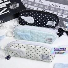 Fluffy Angel Wing Polka Dot Quilted Pencil Case, Style Stationery, Back To School, Pen, Ruler, Eraser All In One Mesh Pouch, School Supplies, Pencil Case - A - View 1
