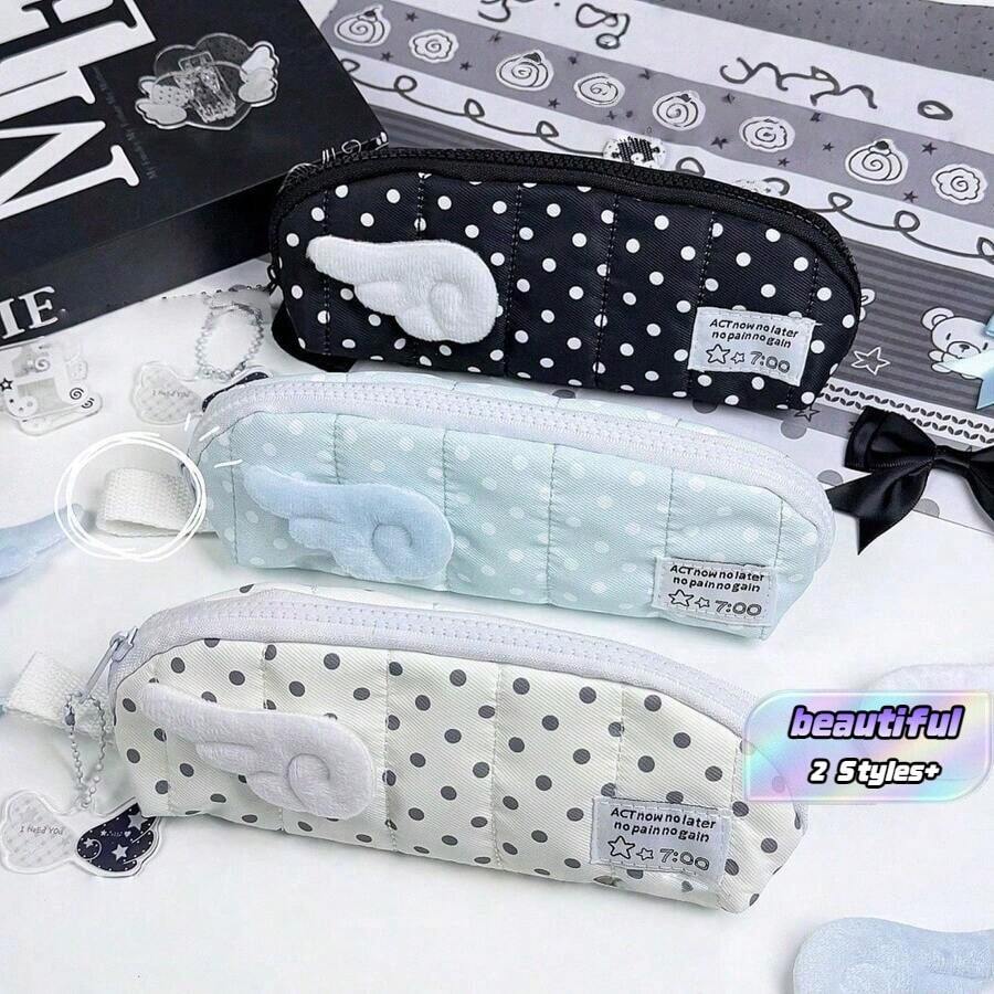 Fluffy Angel Wing Polka Dot Quilted Pencil Case, Style Stationery, Back To School, Pen, Ruler, Eraser All In One Mesh Pouch, School Supplies, Pencil Case - A - View 1