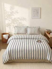 Cirelle 3pcs Ruffled Striped Duvet Cover Set - Soft Polyester French Vertical Striped Bedding Set, Cottagecore Shams With Ruffle Fringe Trim (Duvet Cover No Ruffles, No Insert) - Endless Grey - View 2