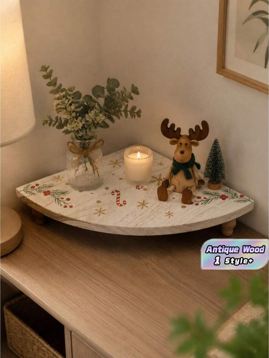 1PC Christmas Edition Compact SolidWood MultiUse SpaceSaving WallMount EasyInstall Sturdy Durable WaterResistant ScratchProof NonSlip Vintage Corner DisplayRack StorageOrganizer Shelf For Kitchen Coffee Bar Bathroom - Multicolor - View 1