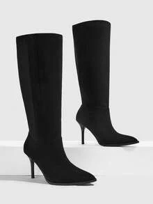 CUCCOO SZL Women's High-Heeled Pleated Pile-Pointed Stiletto High Leather Boots - Black - View 1