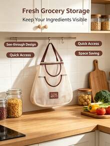 1pc Hanging Mesh Storage Bags,Hanger, Fiber Vegetable Storage Bag (Single/Dual Pocket Optional) Reusable Hanging Mesh Storage Produce Bags For Kitchen Storage Fruits, Onion, Garlic & Vegetables, Breathable Shopping Storage Handbag,Christmas - Beige - View 4
