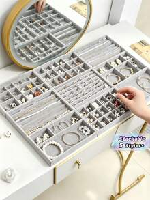 1PC Velvet Stackable Large Capacity MultiCompartment ScratchProof Dustproof Jewelry Display Tray For Necklace Ring Earring Bracelet Hair Accessories Organizer Vanity Valentine Gift - Grey - View 1