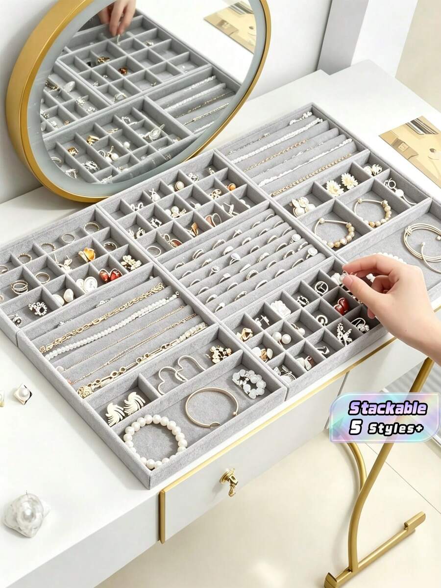 1PC Velvet Stackable Large Capacity MultiCompartment ScratchProof Dustproof Jewelry Display Tray For Necklace Ring Earring Bracelet Hair Accessories Organizer Vanity Valentine Gift - Grey - View 1