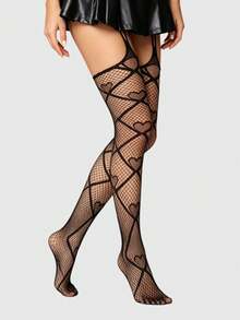 ROMWE 1Pair Dark Gothic Black Love Mesh Suspenders Fishnet Socks - Black - View 4