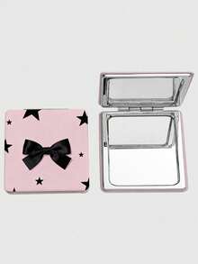 ROMWE Kawaii 2066819 1 Piece Sweet Bow Star Printing Square Portable Makeup Pocket Mirror (Random Pattern Position) - Black powder - square - View 1