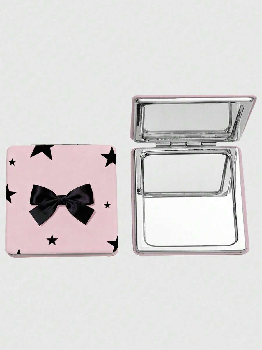 ROMWE Kawaii 2066819 1 Piece Sweet Bow Star Printing Square Portable Makeup Pocket Mirror (Random Pattern Position) - Black powder - square - View 1