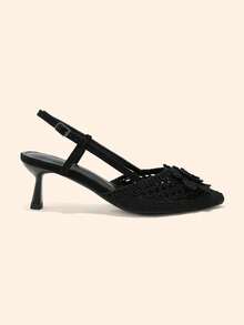 CUCCOO BASICS French Flower Hollow Woven Rear Hollow Sandals Women's Pointed Back Strap Stiletto Shoes - Black - View 3