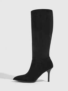 CUCCOO SZL Women's High-Heeled Pleated Pile-Pointed Stiletto High Leather Boots - Black - View 4