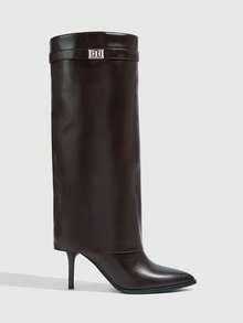 CUCCOO SZL Women's High-Heeled Pleated Pile-Pointed Stiletto High Leather Boots - Coffee Brown - View 2