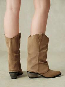 Styleloop Khaki Imitation Suede Pleated Flanged Western Cowboy Boots Pointed Toe Square Thick Heel Retro Stacked Medium Boots Autumn And Winter - Khaki - View 6