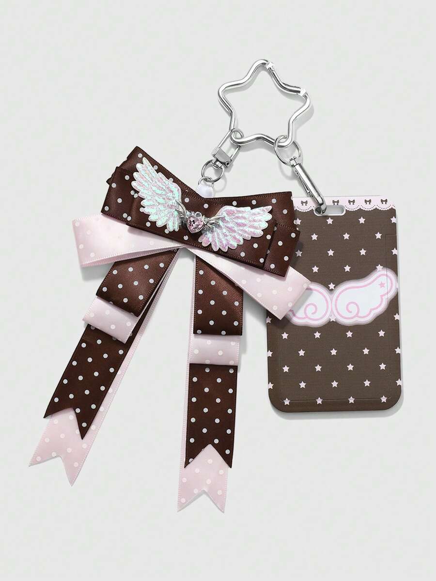 ROMWE Kawaii 1 Funda de tarjeta DIY con llavero y colgante para bolso, estilo retro elegante y sencillo, multicolor, con alas brillantes, strass, amor, lunares, lazo, estrella y estampado de alas - Multicolor-28 - Ver 1