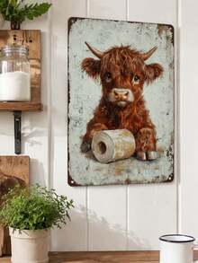 1pc Vintage Highland Cow Metal Tin Sign, Funny Toilet Paper Cow Wall Plaque, Retro Rustic Bathroom Decor For Restroom Home, 12x8in - 1PC - View 7