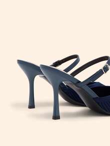 CUCCOO BASICS Women's Fashion Pointed V-Mouth Fabric Woven Striped Surface. Elastic Rear Strap Empty Shoes. Painted High Heels, Breathable And Comfortable. Suitable - Navy Blue - View 5