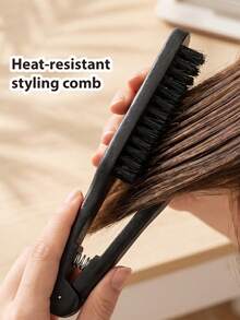 1pc V‑Shape Clamp Hair Straightener Brush, Wood Boar Bristle Comb, Professional Salon Home Hair Styling Tool For Sleek Straight Hair - Multicolor - View 3