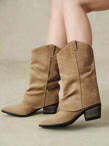 Styleloop Khaki Imitation Suede Pleated Flanged Western Cowboy Boots Pointed Toe Square Thick Heel Retro Stacked Medium Boots Autumn And Winter - Khaki - View 9