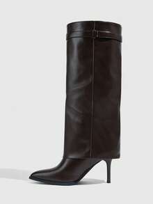 CUCCOO SZL Women's High-Heeled Pleated Pile-Pointed Stiletto High Leather Boots - Coffee Brown - View 4