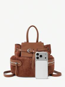 Viva Strut Women's Coffee Suede Patchwork Flap Backpack, Fashion Edgy Buckle Closure Multi-Pocket Shoulder Bag, Minimalist Versatile Daypack For Streetwear - Coffee - View 4