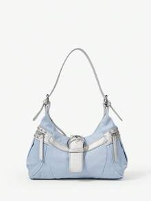 Viva Strut Ladies Bag, Shoulder Bag, Sweet And Cool Spice Girl Style, Rivet Decoration, Large Hardware Loop Decoration, Vintage, Y2K, Suitable For Shopping And S - Light blue - View 1