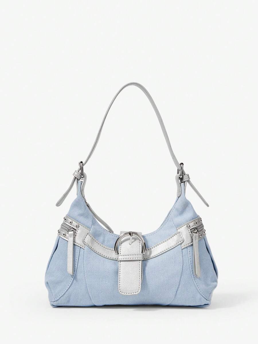 Viva Strut Ladies Bag, Shoulder Bag, Sweet And Cool Spice Girl Style, Rivet Decoration, Large Hardware Loop Decoration, Vintage, Y2K, Suitable For Shopping And S - Light blue - View 1