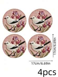Haus Hana 4PCS/8PCS Anti-Scald Round Dining Pad, Wear-Resistant Imitation Woven Printed Fabric, Vintage Floral Bird Pattern Anti-Slip Isolation Coaster For Indoor Tea Table Kitchen Layout, Gift For Home Aesthetic Arrangement Enthusiasts Festival Gift - Multicolor - View 20