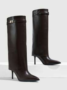 CUCCOO SZL Women's High-Heeled Pleated Pile-Pointed Stiletto High Leather Boots - Coffee Brown - View 1