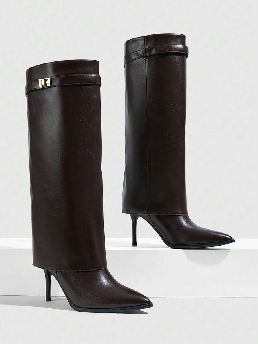 CUCCOO SZL Women's High-Heeled Pleated Pile-Pointed Stiletto High Leather Boots - Coffee Brown - View 1