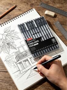 12 Pens / Box, Fine Line Needle Pen, Art Special Hand-Drawn Drawing Sketch Pen, Student Use, Waterproof, Sketch, Drawing, Drawing, Set Of Neutral Pens - Black - View 4