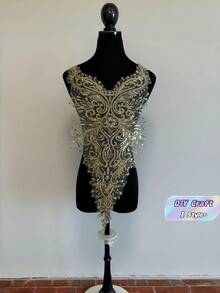 1PC Lace Applique With Beads Sequins Embroidered Floral Pattern Iron On Backing Lace Patch For DIY Craft Projects Gold Color - gold - View 1
