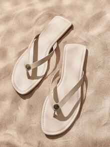 Grefit Women's Casual Solid Color Comfortable Flip-Flops Spring Shoes Spring Break Easter For Casual Beach Style - Beige - View 1