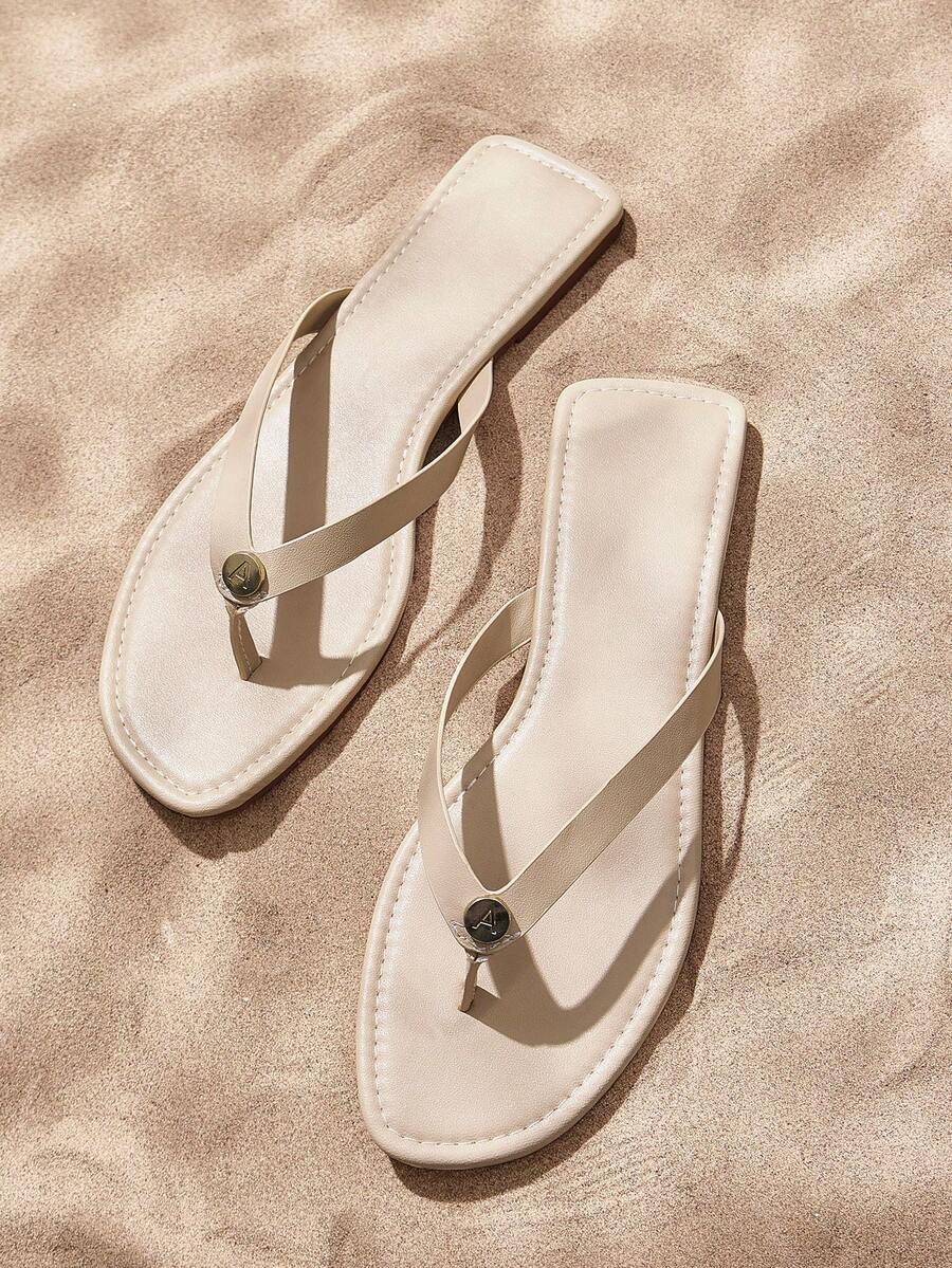Grefit Women's Casual Solid Color Comfortable Flip-Flops Spring Shoes Spring Break Easter For Casual Beach Style - Beige - View 1