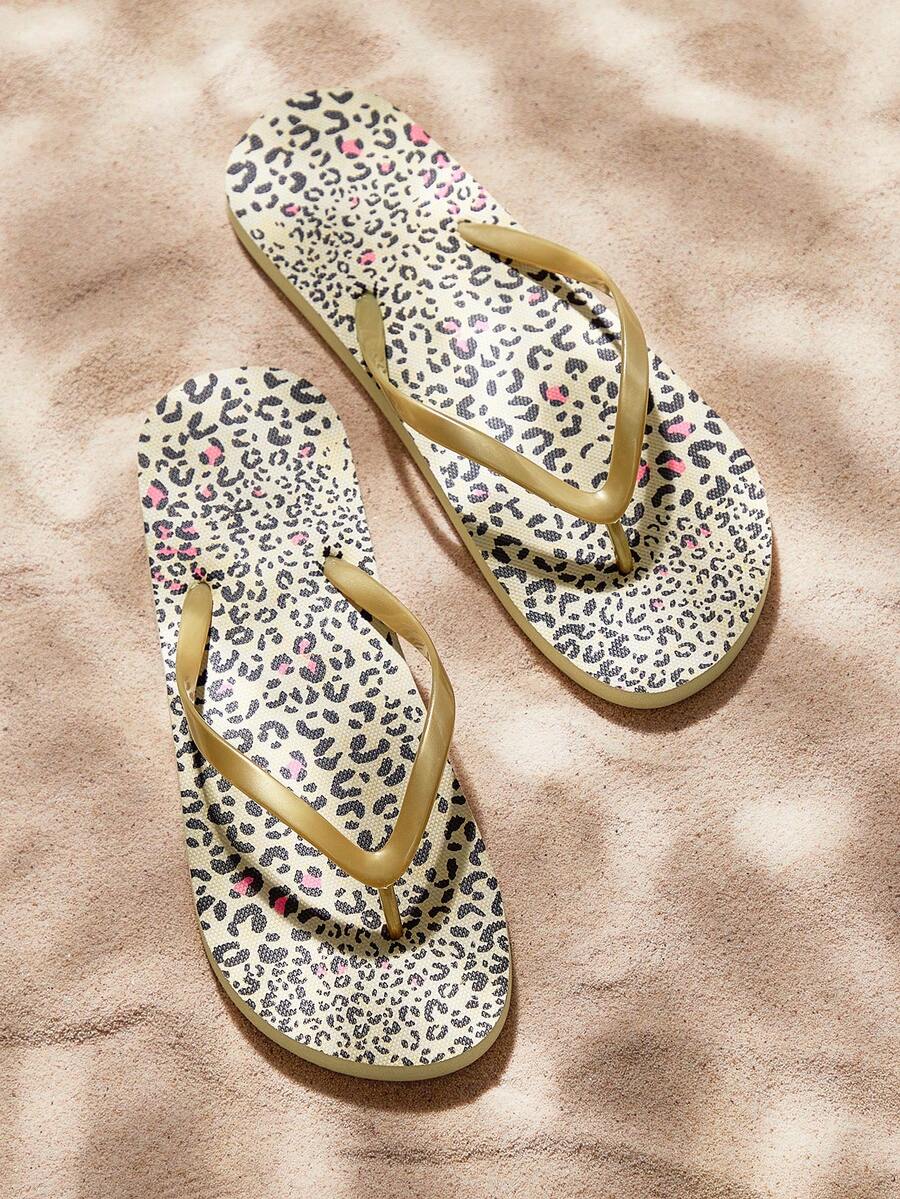 Grefit Women's Fashion Leopard Print Flat Beach Slippers, Suitable For Vacation And Home Wear Beach Shoes Summer Shoes - Gold - View 1