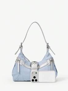Viva Strut Ladies Bag, Shoulder Bag, Sweet And Cool Spice Girl Style, Rivet Decoration, Large Hardware Loop Decoration, Vintage, Y2K, Suitable For Shopping And S - Light blue - View 4
